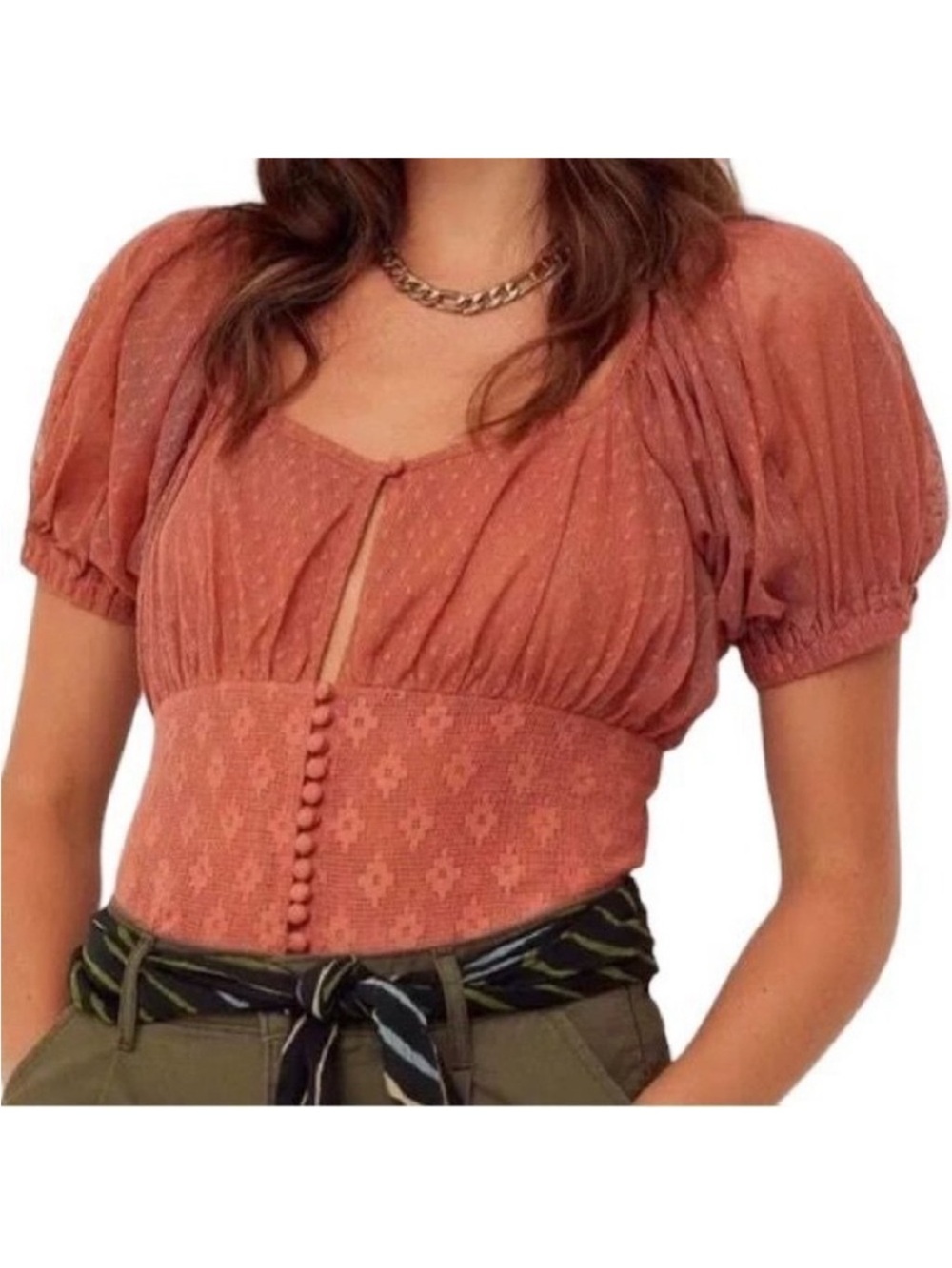 Free People Rust Button-Front Puff Sleeve Crop Top